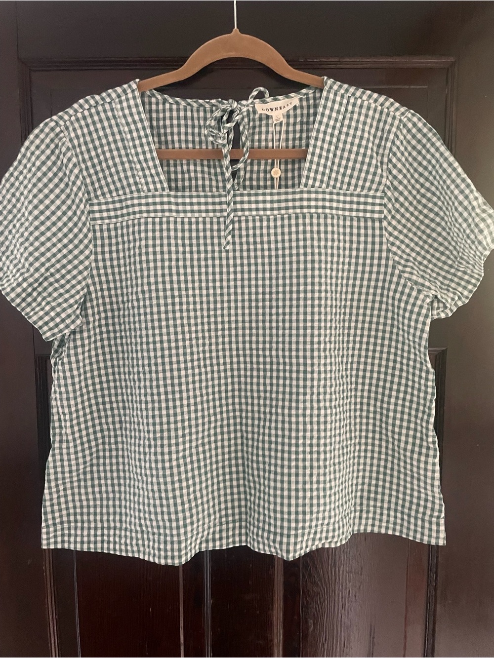 DownEast Sage and White Gingham Tie-Back Short Sleeve Top